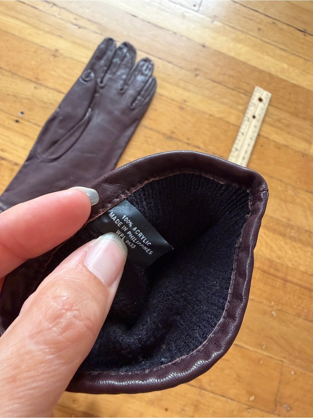 Buttery soft leather gloves mid-length chocolate brown M L 7.5 8 knit lined cosy